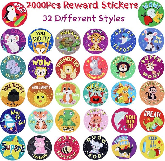 2000Pcs Reward Stickers, 4Rolls Animal Styles Teacher Motivational Sticker for School Classroom Supplies