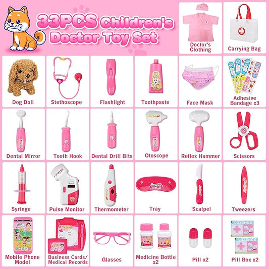 33Pcs Pet Doctor Kit for Toddlers - Dress Up Costume & Pretend Doctor Play Set with Dog Toy, Stethoscope, Pet Vet Roleplay Toys, Christmas Birthday Gifts for Ages 3 4 5 6 7 8 Year Old Boys Girls