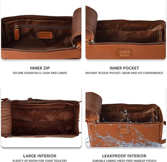 LEATHER VILLAGE Premium Carbon Fiber Genuine Leather Travel Toiletry Bag - Large Compact Dopp Kit, Water-Resistance Shaving & Cosmetic Organizer for Men & Women - Tan