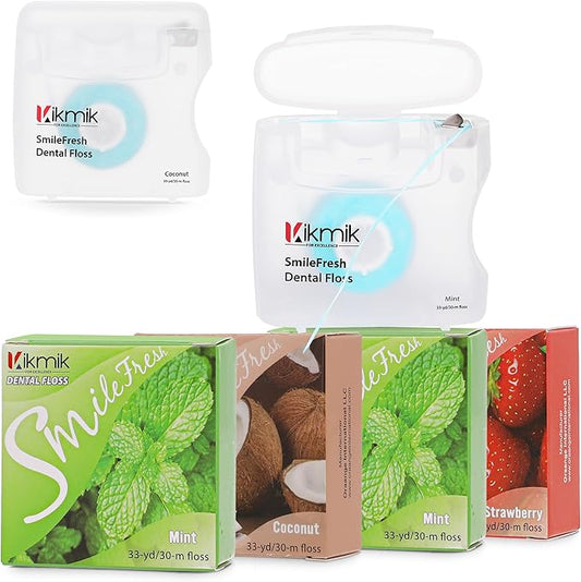 4-Pack Woven Dental Floss - 2 Mint, Strawberry & Coconut Floss - Shred Resistant, Extra Wide Woven Floss Dental, Gentle On Gums, 33 Yards Each