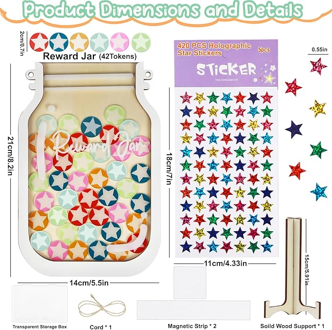 Herda Personalized Magnetic Reward Jar with 420 Pcs Holographic Stars Stickers - Responsibility Chart for Classroom Board, Home Routine Training & Kids Positive Behavior Management Tool(42Pcs Stars)