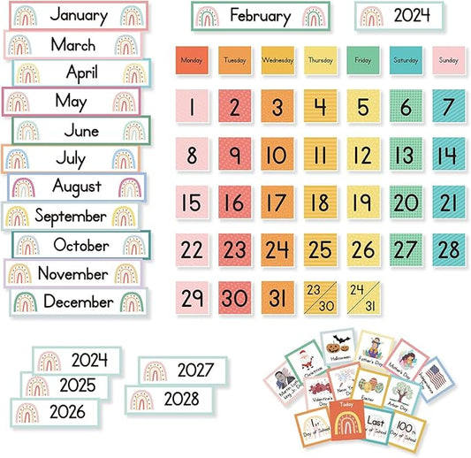 Eamay Rainbow Colorful Calendar Pocket Chart for Kids,Preschool Kindergarten Classroom Elementary Must Haves,Classroom Decorations Decor,Homeschool Teacher Supplies,Back to School Supplies