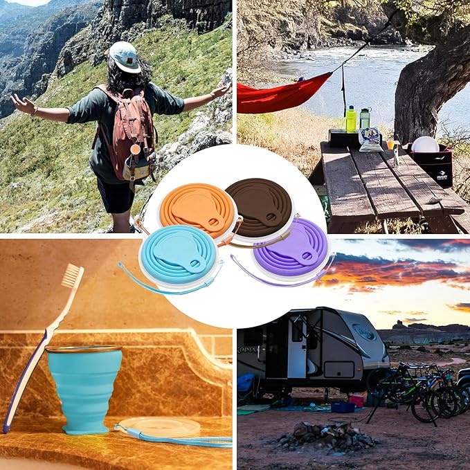 Litoexpe 4 Pack Silicone Collapsible Travel Cup Portable Folding Camping Cup Sets with Lids, Orange & Blue & Coffee & Purple, Capacity 9.22oz (270ml)