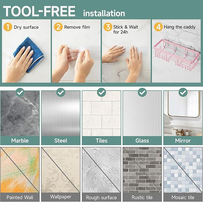 Veken Large Capacity Shower Caddy 6-Pack, No Drilling & Rustproof, Adhesive Shower Shelves with Soap Holder, Bathroom Organizers and Storage, Wall-Mounted Kitchen & Home Decor, Pink