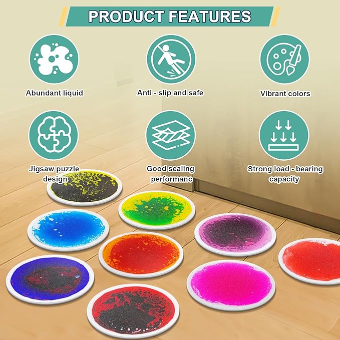 Sensory Circles Mats Liquid Tiles - Pack of 9 Round Sensory Floor Pads for Kids Autism Classroom