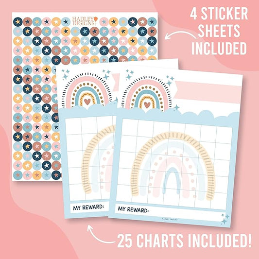 Sticker Chart for Kids Behavior at Home & Classroom - 25 Reward Chart for Kids Incentives, Gold Star Sticker Sheets, Boho Incentive Charts for Classroom Must Haves