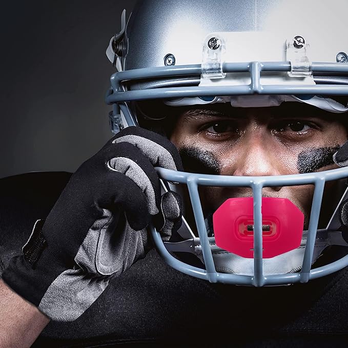 DAMAGE CONTROL Youth Football Mouth Guard – Breathable No Boil Mouthpiece, Protects Lips & Teeth, Works with Braces, Includes Helmet Strap – Sports Gear & Accessories (Hot Pink)