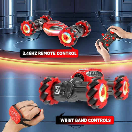 Remote Control Car for Boys - RC Cars for Boy Age 4-12, Gesture Sensing RC Stunt Drift Car for Kids Toys 4 5 6 7 8 9 10 11 12 Year Old Boy Birthday with Cool Lights Music (Red-Black)