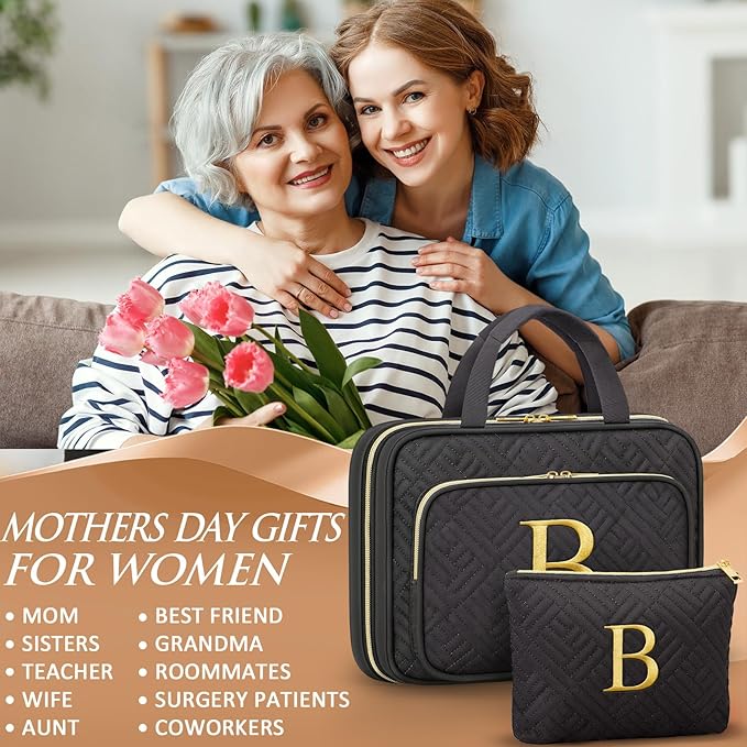 Personalized Gifts for Women, Initial Toiletry Bag Hanging Travel Organizer & Makeup Cosmetic Bag with Embroidery Letter Teacher Appreciation Gift Birthday Christmas Gifts for Mom Wife Friend Sister