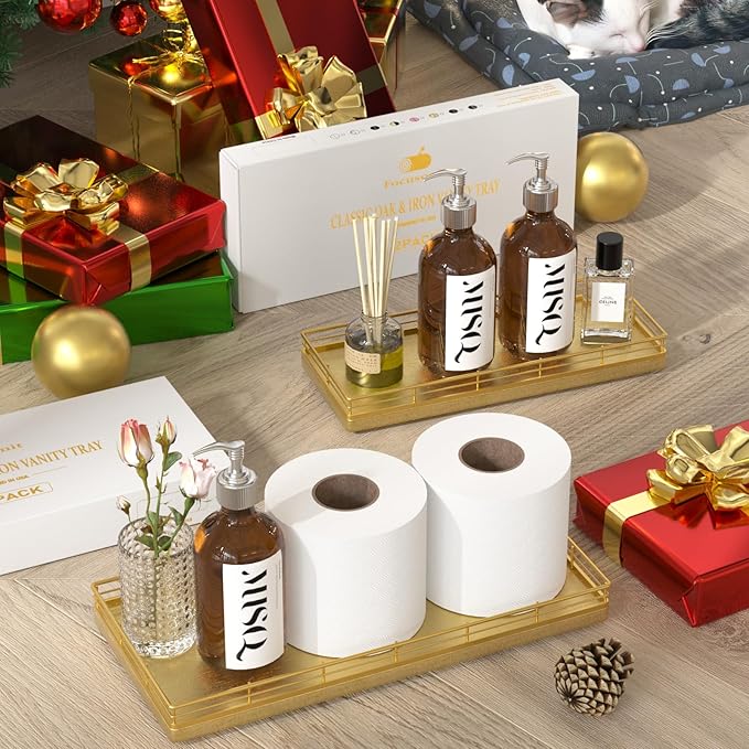 Oak Bathroom Toilet Tank Tray, 13" Wood Toilet Paper Storage Basket Back of Toilet Basket Organizer, Vanity Tray for Perfume Makeup Candle Kitchen Counter Coffee Table Decor, Gold