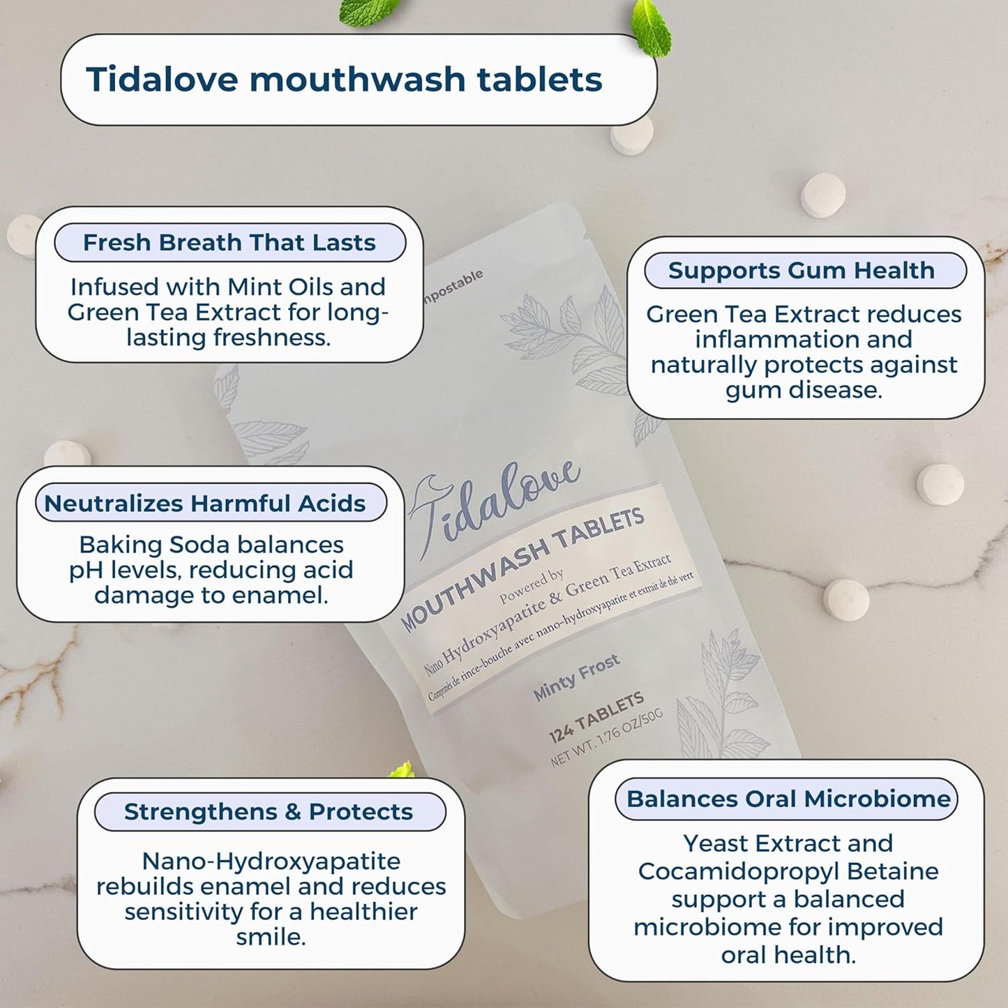 Mouthwash Tablets - Alcohol-Free, Eco-Friendly, Travel-Friendly, with Nano-HA & Green Tea for Fresh Breath and Enamel Protection - 124 Tablets (Tin)