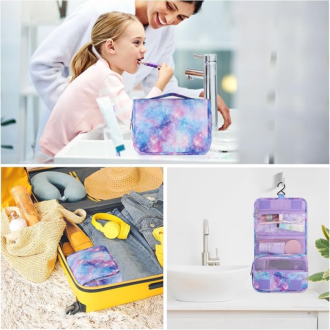 Kids Hanging Toiletry Bag for Girls, Travel Toiletry Bag for Little Young Teen Girls Cosmetic Makeup Waterproof Wash Bag Traveling Toiletries, Galaxy Purple