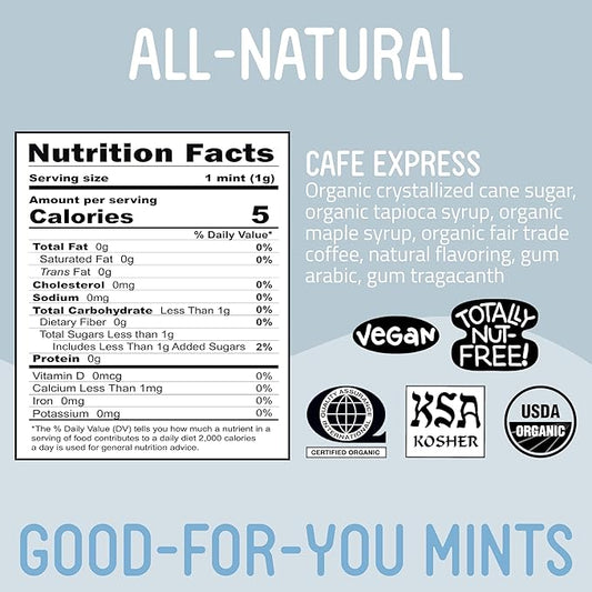 VerMints Organic Breath Mints Café Express - Real Ingredients, Lasting Coffee Flavor - Travel Size Tins - Non-GMO, Nut Free, Gluten Free, Vegan & Kosher Coffee Candy - 1.41oz Tins (Pack of 6)