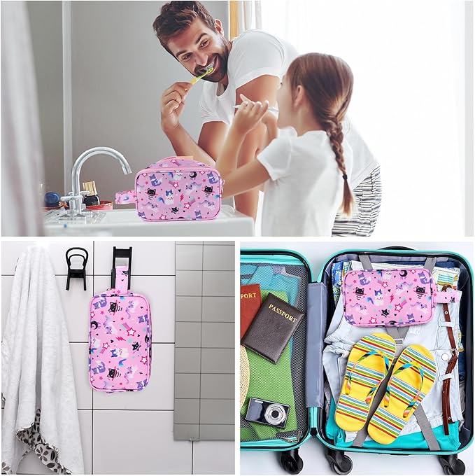 Kids Toiletry Bag for Girls, Travel Toiletry Bag for Little Young Girls Cosmetic Bag Makeup Bag Waterproof Hanging Wash Bag Toddler Toiletries, Cat Pink