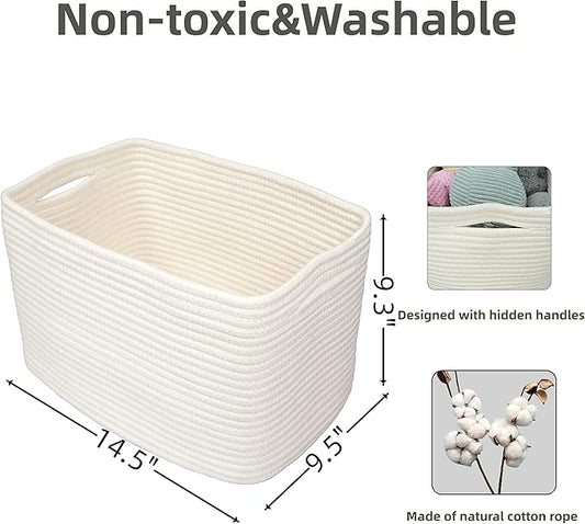 Cotton Rope storage Basket Bins Woven Basket for Organizing Shelves 14.5X9.5X9.3" Rectangle Decorative Baskets For storage Clothes Toys Books Towels Nursery basket organizer 3 pack white