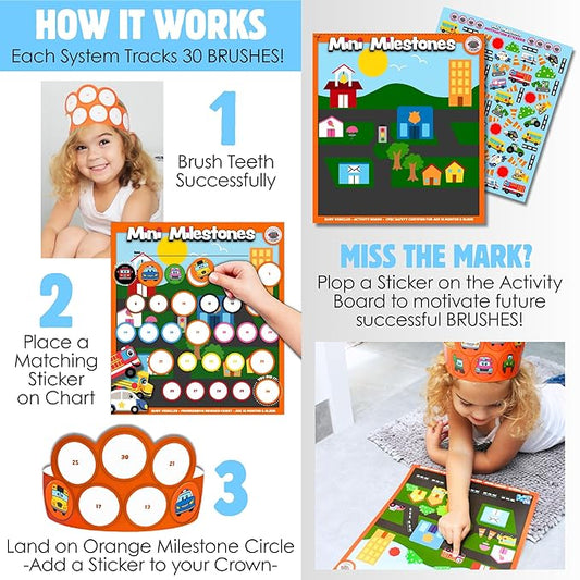 MINI MILESTONES 2-PK Toddler Brush Teeth Chart Reward Chart for Toddlers by LIL ADVENTS: Toddler Sticker Behavior Chart, Reward Chart for Kids, 800+ Stickers, Activity Board, Crown (Busy Vehicles)