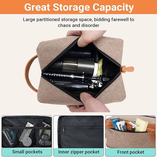 Elviros Travel Toiletry Bag for Men Hanging Dopp Kit Water Repellent PU Leather Shaving Bag with Large Capacity for Travel and Bathroom, Khaki