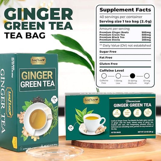 LeafLea Ginger Green Tea, 120 Tea Bags, Premium Green Tea Blend with Pure Ginger Root, Supports Digestive Wellness, Natural Flavor, Low Caffeine, Sugar-Free