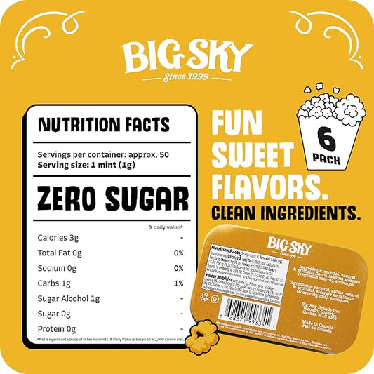 Big Sky Sugar Free Mints Kettlecorn| Sugarfree, No Artificial Colors or Flavors | Kosher Certified, Vegan, Gluten Free | Aspartame & Xylitol Free | 50 Count Tin (Pack of 6)