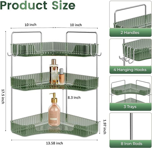 3-Tier Green Corner Organizer, PET Counter Storage with Hooks | Multi-Surface Organizer for Bathroom Vanity & Kitchen Countertop