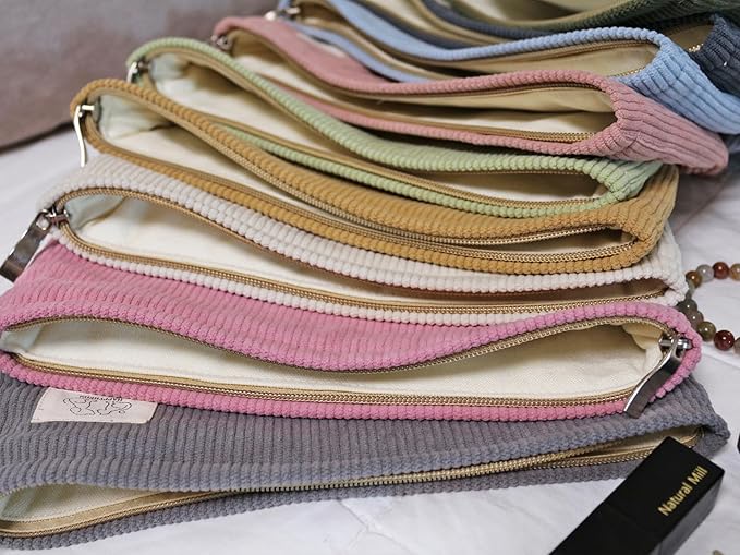 HAPPYHEIDI Creamy Light Khaki Corduroy Makeup Bag Cosmetic Toiletry Travel Pouch, Make Up Accessory Purse Organizer, Canvas Lined
