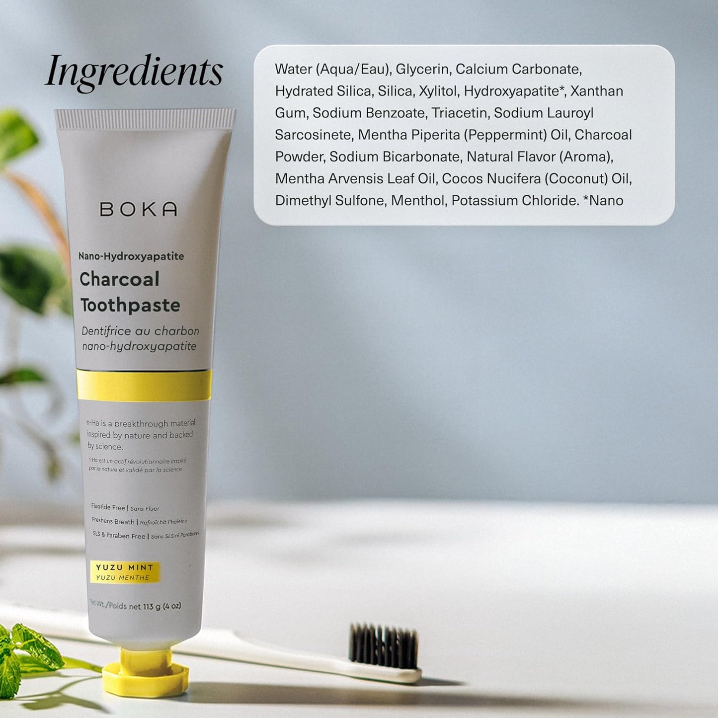 Boka Fluoride Free Toothpaste, Nano Hydroxyapatite Toothpaste, Appropriate for Sensitive Teeth - for Adult, Kids Oral Care - Charcoal Yuzu Mint Flavor, 4 Fl Oz 1Pk US Manufactured