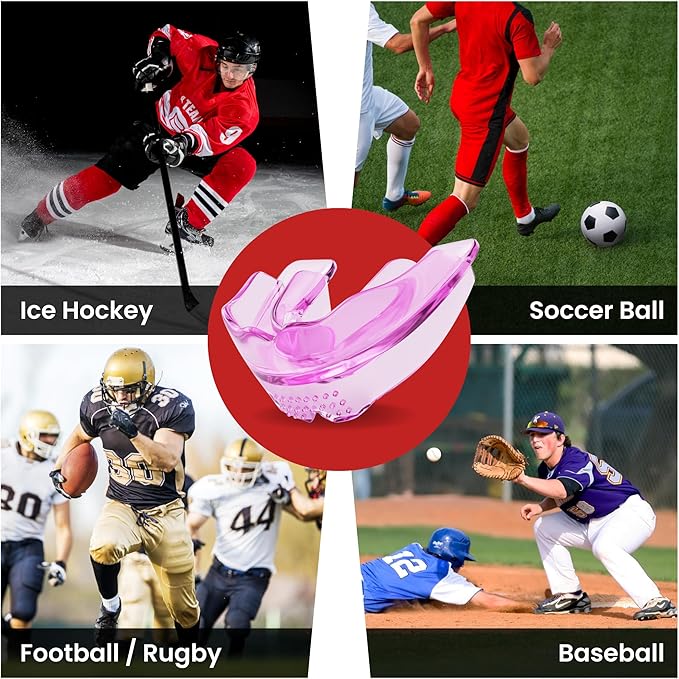SafeGrin Pink Mouth Guard for Braces for Sports - Premium Silicone Teens & Youth Upper & Lower Teeth Protection for Sports - Football, Lacrosse, Hockey, Baseball