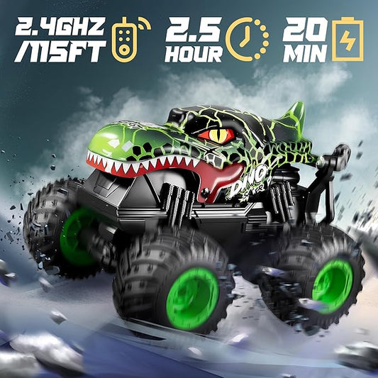 BEZGAR Monster Truck Toys - Remote Control Monster Truck with Light & Music, Dinosaur Toys for Kids, 1:20 Scale RC Truck with 360° Spins and Drifting, Remote Control Car for Boys 4-7