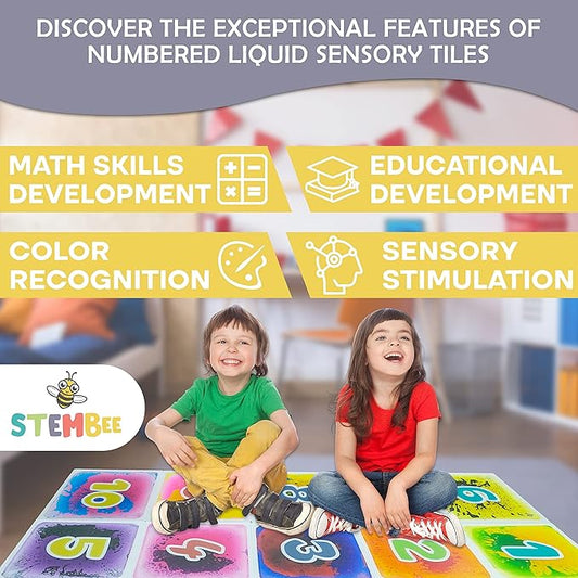 10-Pack Numbered Liquid Sensory Tiles, 12" x 12" Activity Play Mats for Toddlers Kids Boys Girls, Colorful Sensory Water Mat, Floor Activity Mat, Childhood Educational Toddler Learning Toys