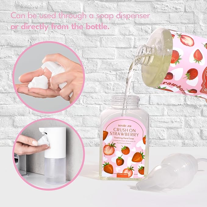 ROMIIE ZOI Strawberry Foaming Hand Soap Refill Set – 3 x 33.8 Fl Oz with Refillable Dispenser, Natural and Cruelty-Free Formula, Large Family Pack for Home, Bathroom, and Luxury Gifting
