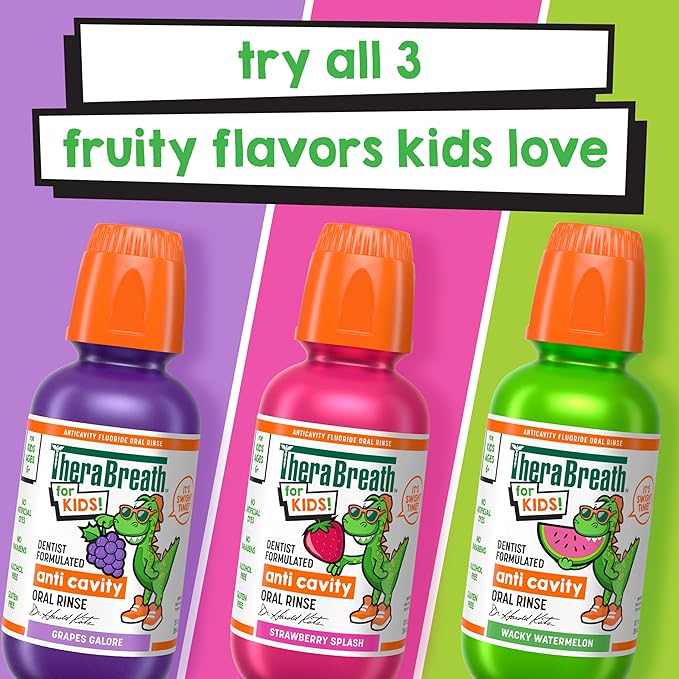 TheraBreath Kids Mouthwash with Fluoride, Organic Strawberry Splash, Anticavity, Dentist Formulated, 16 Fl Oz