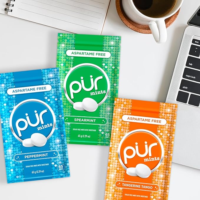 PUR Mints | Aspartame Free Breath Mints | Made with Xylitol | Sugar Free, Vegan, Gluten Free | Natural Flavor, Variety Pack | 65 Pieces in Re-Sealable pouch (Pack of 3)