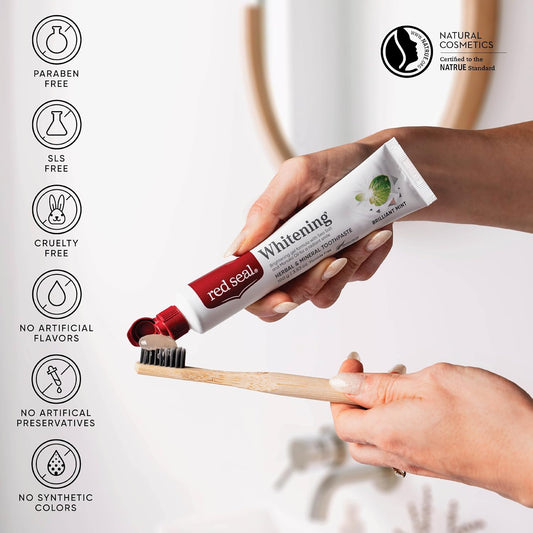 Red Seal Fluoride Free Whitening Toothpaste - Mint - Vegan Friendly, Cruelty Free, No Synthetic Colors or Artificial Flavors, NATRUE Certified Natural Ingredients, Paraben & SLS Free, 3.53 oz