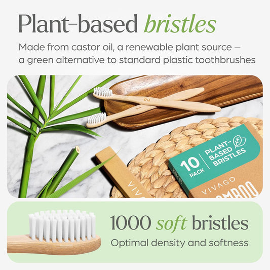 Bamboo Toothbrushes 10 Pack – Natural Toothbrushes, Plant-Based Soft Bristles – Eco-Friendly Wooden Toothbrush