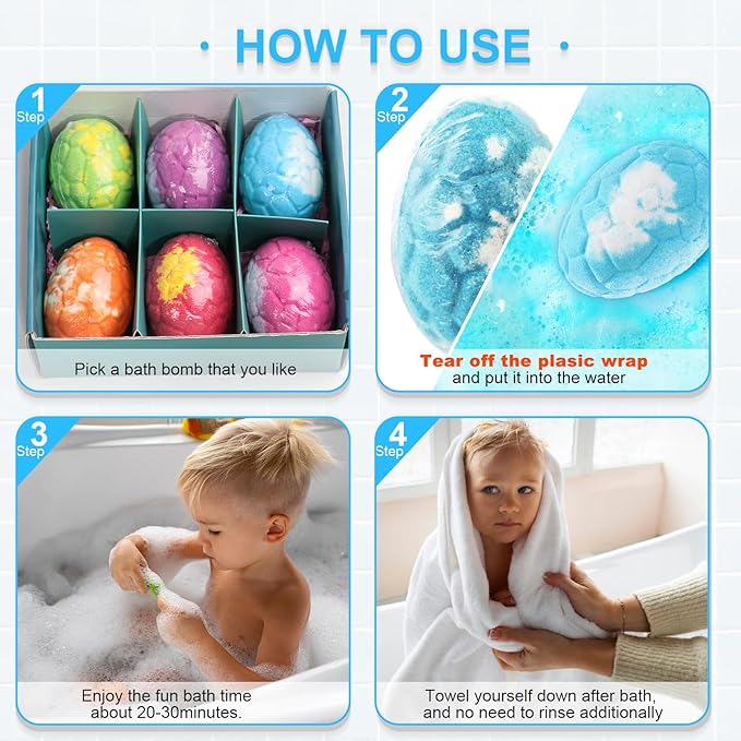 Bath Bombs for Kids with Surprise Inside, 6 Pack Dinosaur Toys Toddler Bath Bombs Gift, Organic Bubble Bath Fizzies, Dinosaur Egg, Stocking Stuffers for Kids, Christmas Gifts for Kid 3-12