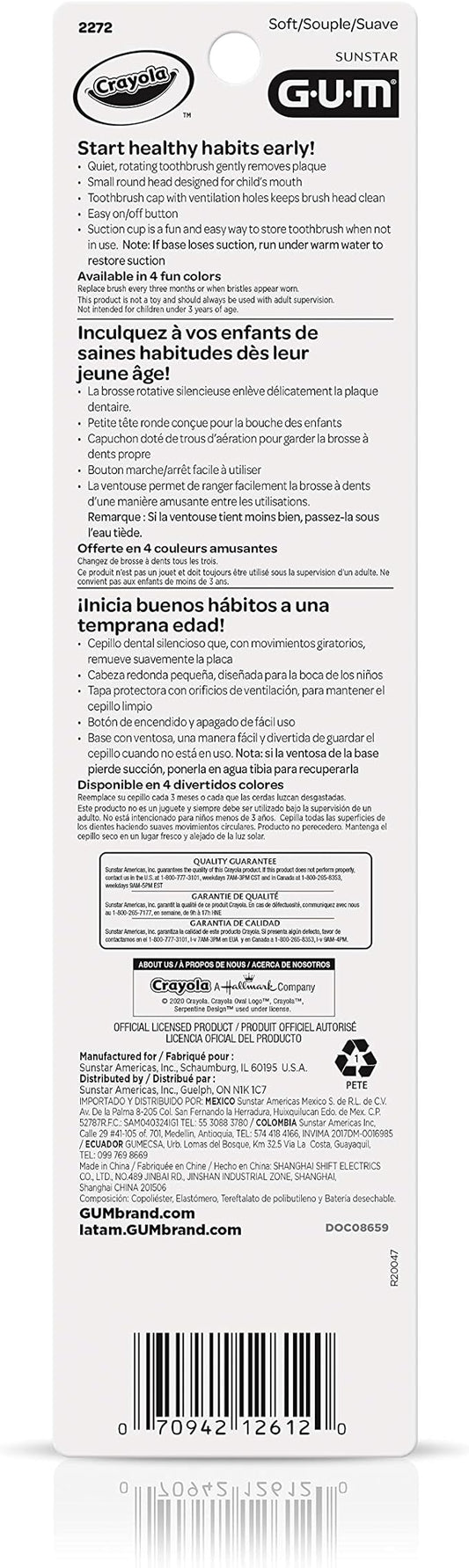 GUM Crayola Power Toothbrush for Kids, Extra Soft Bristled Toddler Toothbrushes, Travel Cap + Suction Cup Base, Batteries Included, 1 Count