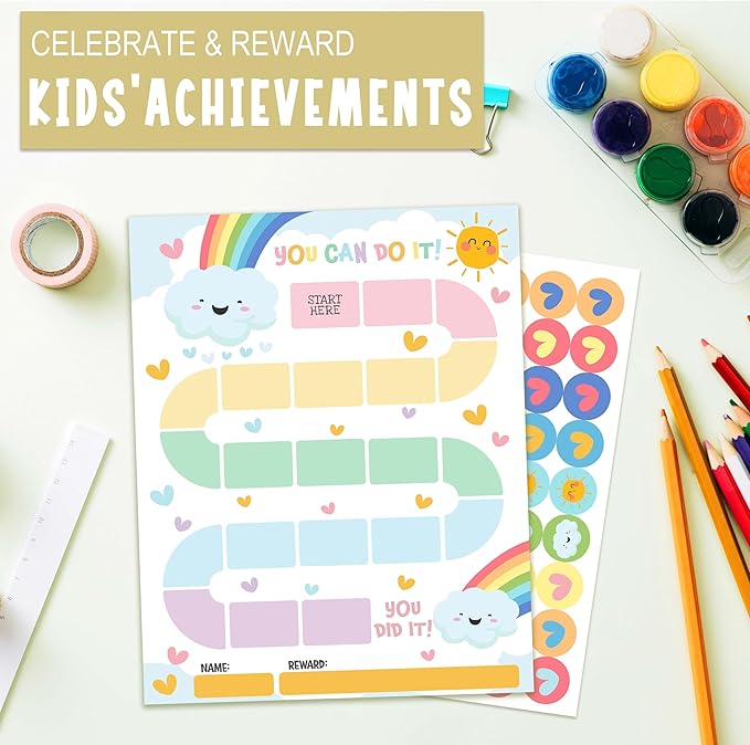 10 Rainbow Reward Chart with 216 Round Stickers, Incentive Behavior Chart for Kids at Home Classroom, Kids Routine Daily Chore Sticker Chart-A16