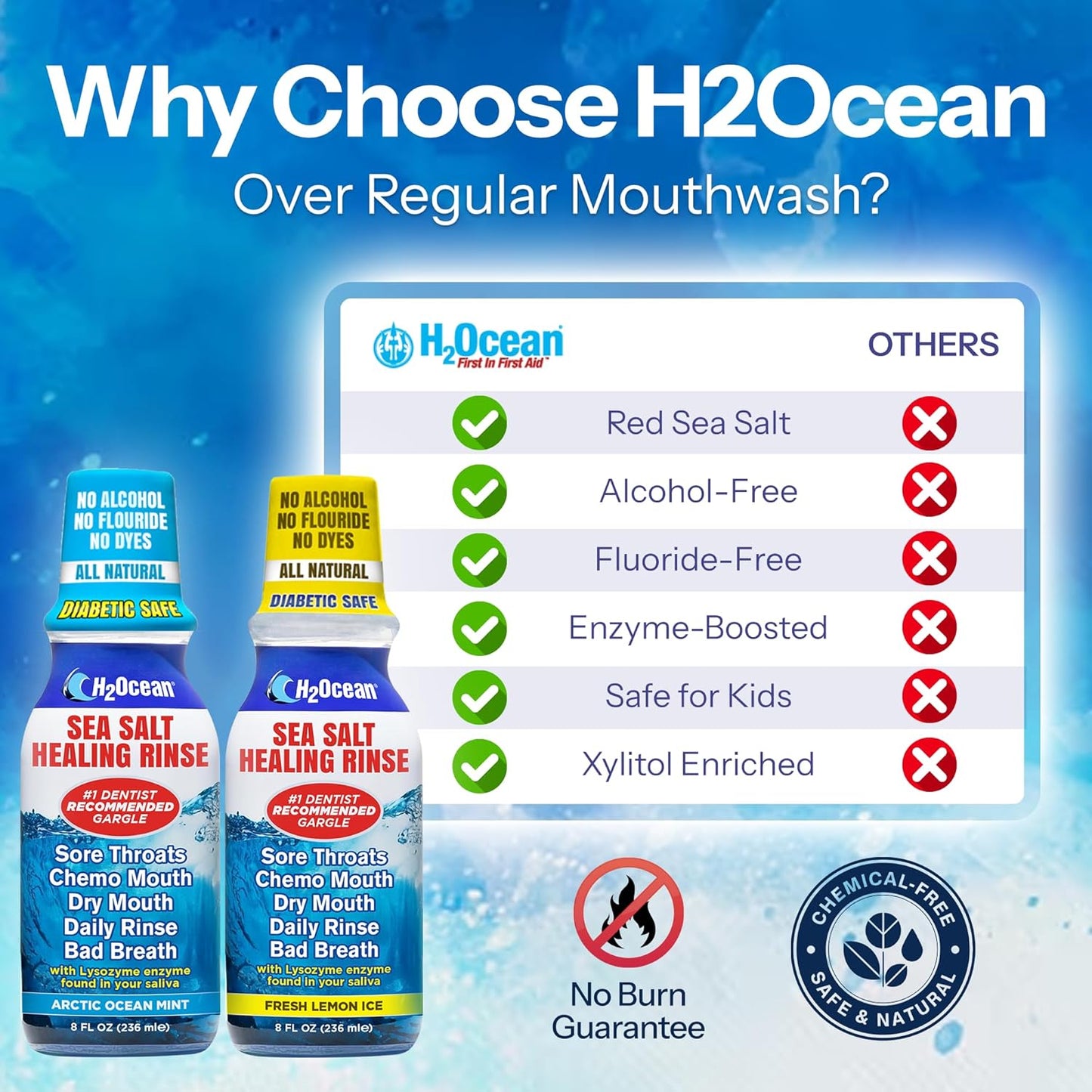 H2Ocean Healing Rinse Natural Sea Salt Oral Care - Mouth Rinse for Oral Care - Great for Piercings, Sore Throats & Gum Health - Alcohol- & Fluoride-Free Mouthwash - Lemon Ice, 8 oz