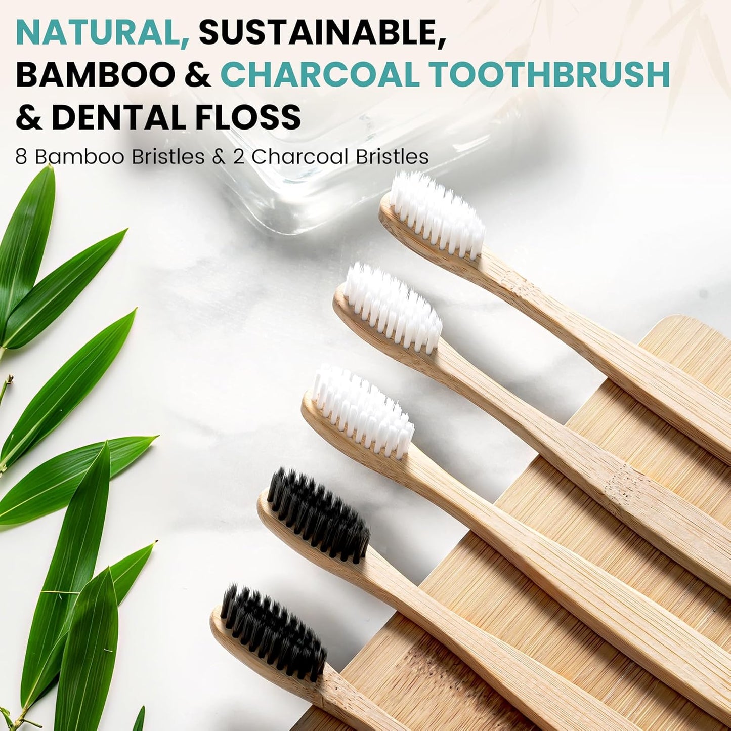 Bamboo Toothbrushes Set ā 10-Pack (8 Standard + 2 Charcoal Bristle) ā 2 Dental Floss as a Bonus - Eco-Friendly, Biodegradable Soft Bristle Toothbrush, Wooden Toothbrush for Adults & Kids