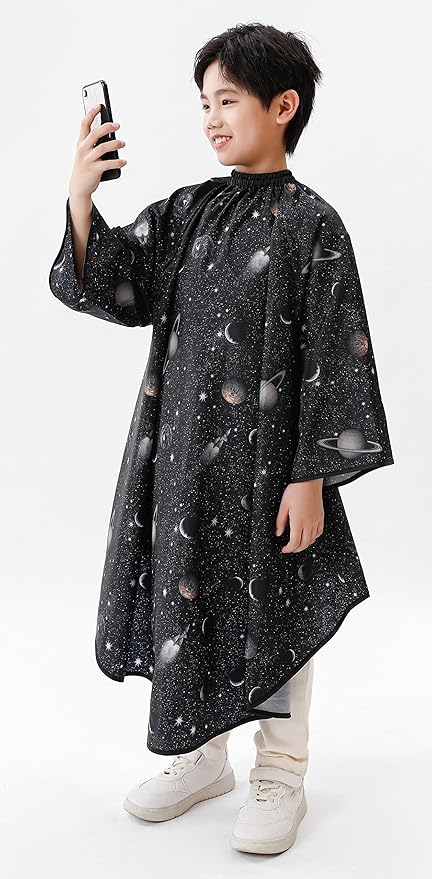 Kids Hair Cutting Cape with Sleeves, Kids Barber Cape Haircut Cape for Boy & Girls, Professional Salon or Home Hair Cut Cape-Black Space Printing