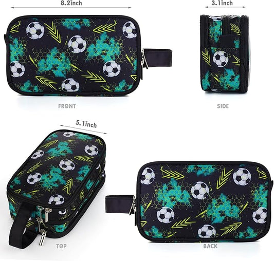 Kids Toiletry Bag for Boys, Travel Toiletry Bag for Little Young Boys Waterproof Hanging Wash Bag Toddler Traveling Toiletries, Soccer Balls Black
