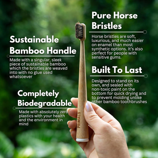 PRIMALS Horse Bristle & Bamboo Toothbrush (4-Pack) - Luxurious & Soft Horse Bristles - Fully Biodegradable - Plastic & Nylon Free - Quick Dry Design