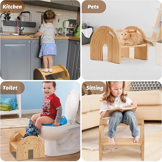 Rainbow Wooden Toddler Step Stool for Kids, Two-Step Stool for Bathroom Sink and Potty Training, Child Stepping Stool for Kitchen with Safety Non-Slip Pad, Handle and Auto Light