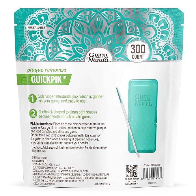 GuruNanda 2-in-1 QuickPik Toothpick & Interdental Pick – Soft Rubber Bristles for Plaque Removal & Improved Oral Care, Comes with a Travel Case for On-The-Go Use, 300 Ct