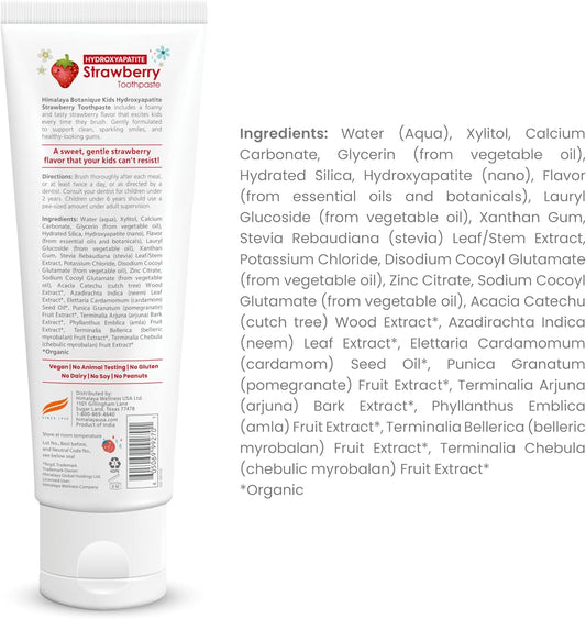 Himalaya Botanique Kids Hydroxyapatite Toothpaste, Strawberry Flavor - Nano Hydroxyapatite to Support Remineralization and Restore Enamel, Fluoride-Free, Vegan, Gluten Free, 4 oz