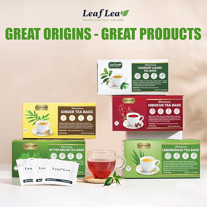 LeafLea 80 Premium Lemongrass Tea Bags, Natural Herbal Lemongrass Leaves, Te de Limoncillo for Digestion Support, Light & Soothing Taste, Caffeine-Free, Sugar-Free, Vegan, Individually Wrapped