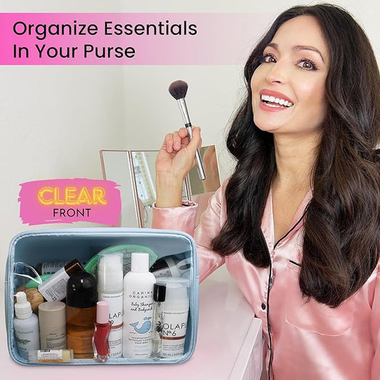 Large Clear Makeup Bag TSA-Approved Travel Cosmetic Pouch Spacious Transparent Toiletry Bag for Women and Girls Waterproof Clear Organizer Case Light Blue