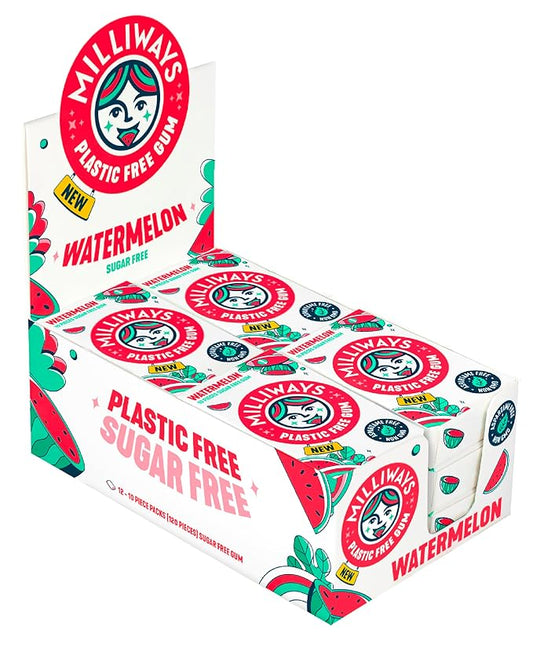 Milliways Watermelon | Plastic Free Gum | Xylitol, Aspartame-Free, Sugar-Free, Plant-Based, Natural Chewing Gum | 40 Pieces Total (4 Packs of 10 Pieces)