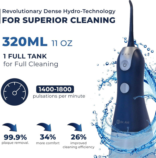 Dr. Aid Dental Water Flosser – Portable Oral Irrigator – 11Oz Tank, Water Filter, 5 Tips, Magnetic Charger – IPX8 Waterproof Cordless Water Flosser, Ideal Water Flossers for Teeth, Gums (Dark Blue)