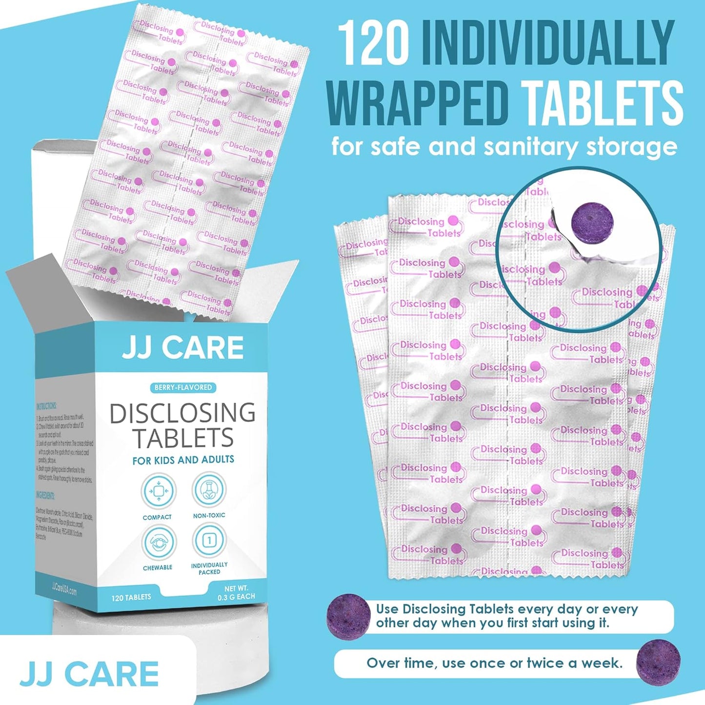 JJ Care Disclosing Tablets for Kids and Adults - 120 Count, Individually Wrapped Plaque Disclosing Tablets for Kids Brushing Teeth, Berry Flavored Plaque Remover, Dental Care for Teeth Brushing